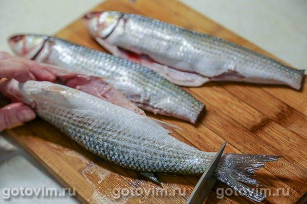 Кефаль, запечена на подушці з грибів та овочів